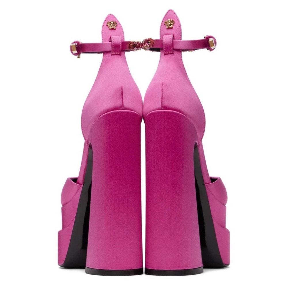 VERSACE Decollete Pink Lemonade Satin Platform Crystal Pointy Heels EU 40 - Picture 3 of 16